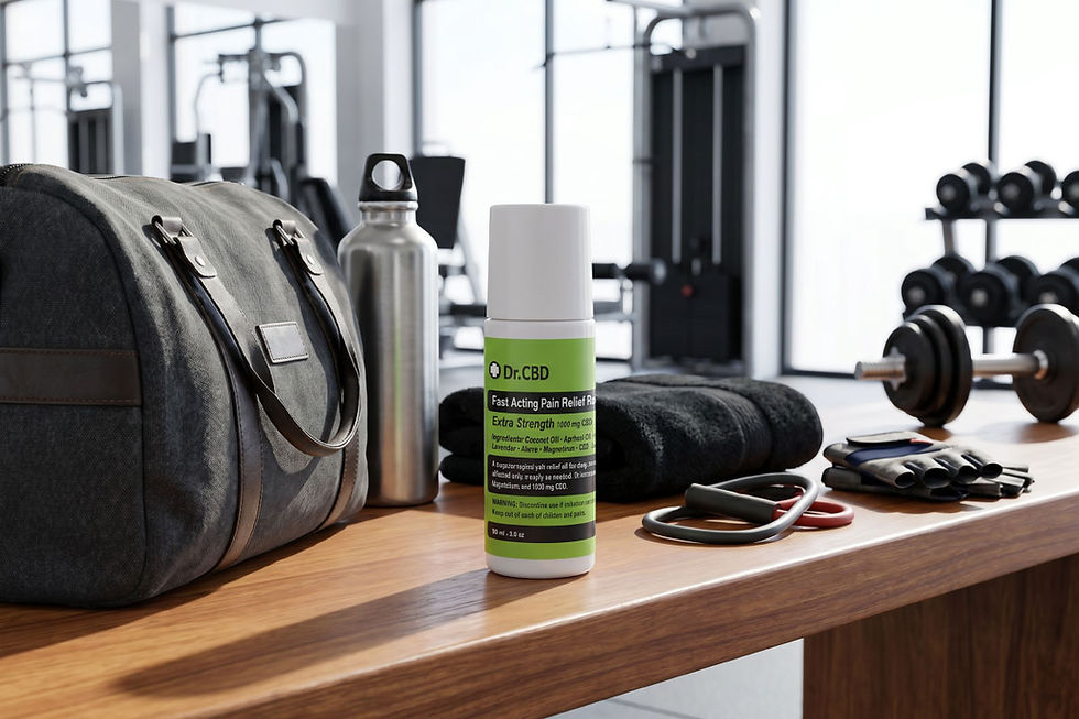 Gym table with duffel bag, water bottle and Dr.CBD pain relief roll-on beside towels, bands and dumbbells.