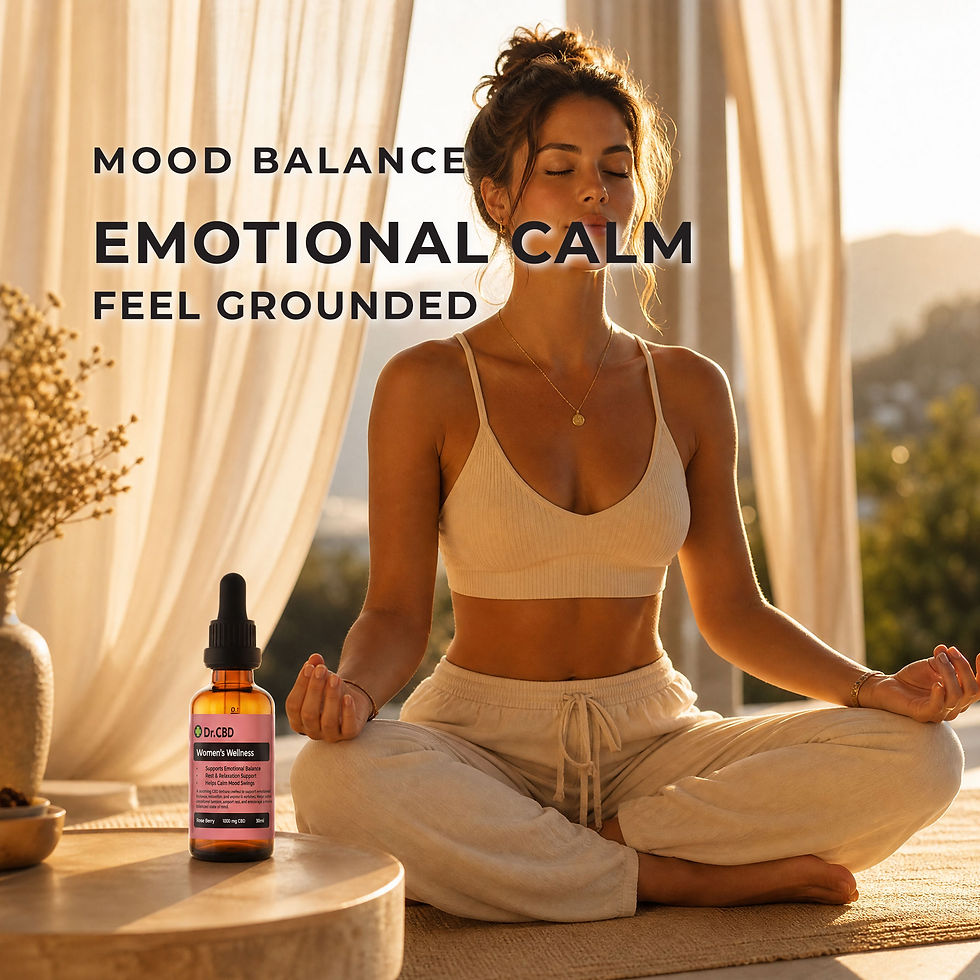 Thumbnail: Woman meditating indoors beside Dr. CBD Women’s Wellness Rose Berry CBD tincture during golden hour, promoting mood balance,