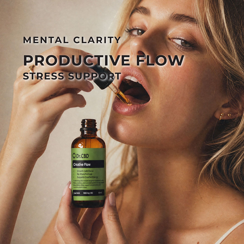 Thumbnail: Woman using Dr. CBD Creative Flow CBD oil dropper with overlay text reading “Mental Clarity,” “Productive Flow,” and “Stress