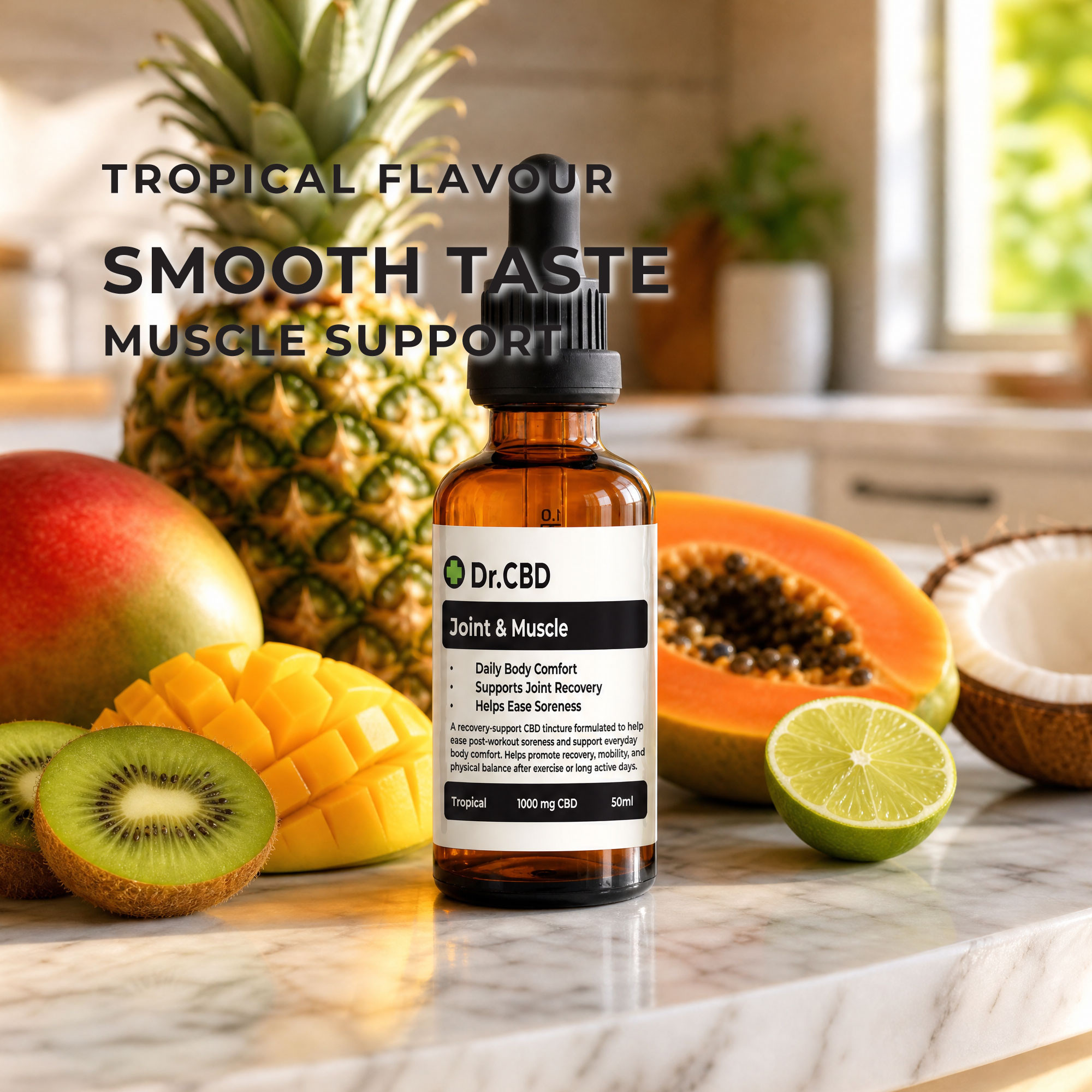 Dr. CBD Joint & Muscle tropical-flavour CBD tincture surrounded by mango, pineapple, kiwi, papaya, and lime with overlay text