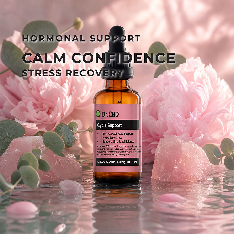Dr. CBD Cycle Support tincture surrounded by pink peonies, eucalyptus, rose quartz crystals, and reflective water, symbolizin