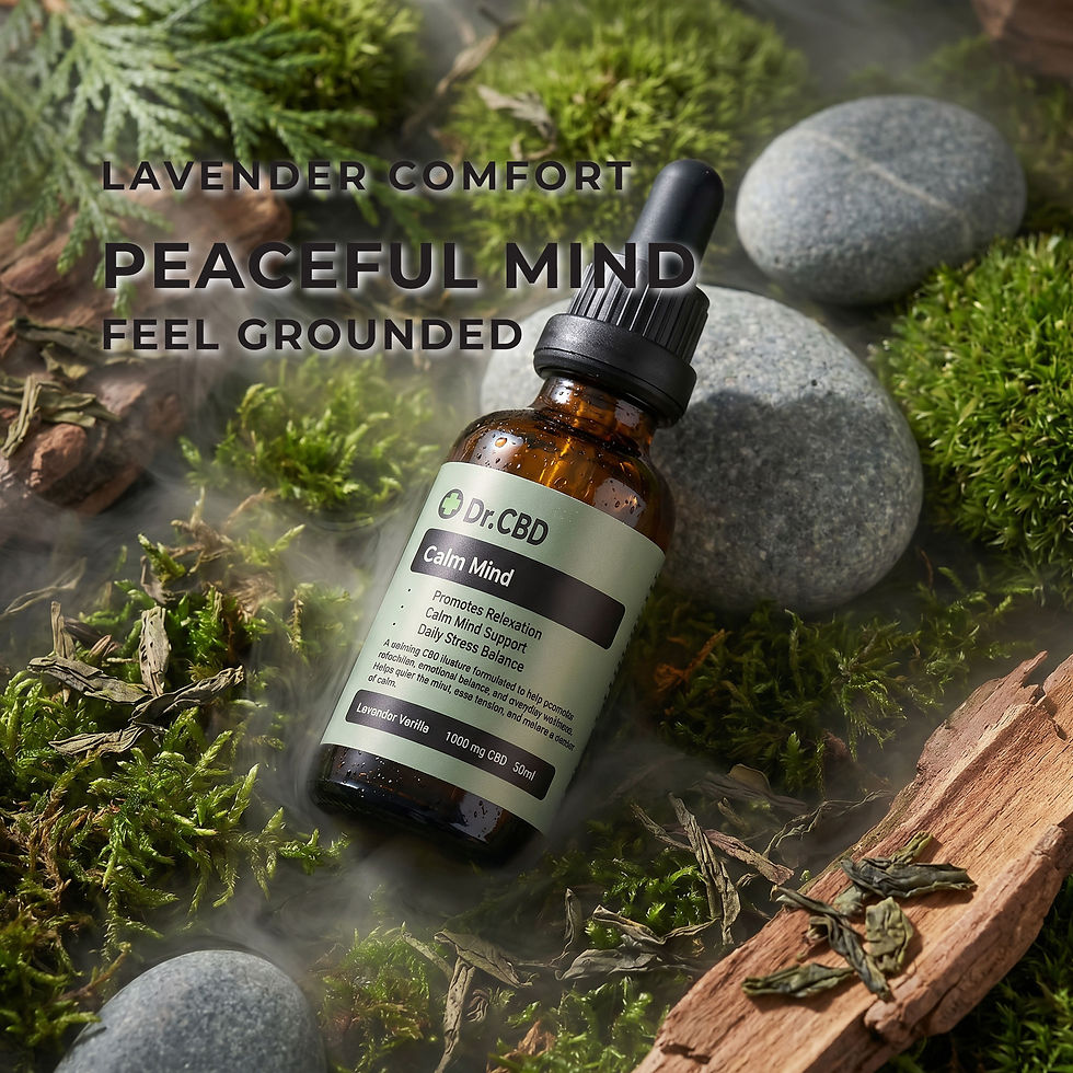 Thumbnail: Dr. CBD Calm Mind lavender vanilla CBD tincture bottle surrounded by moss, smooth stones, and botanical elements in a calming