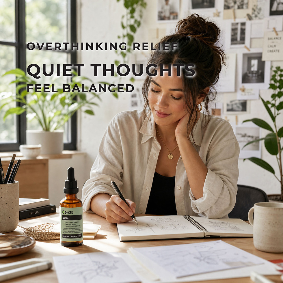 Woman journaling at a desk beside Dr. CBD Exhale lemon balm CBD tincture, with overlay text reading “Overthinking Relief,” “Q
