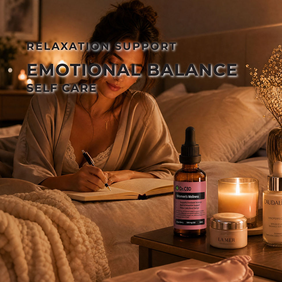 Thumbnail: Woman journaling during an evening self-care routine beside Dr. CBD Women’s Wellness Rose Berry CBD tincture, candles, and sk