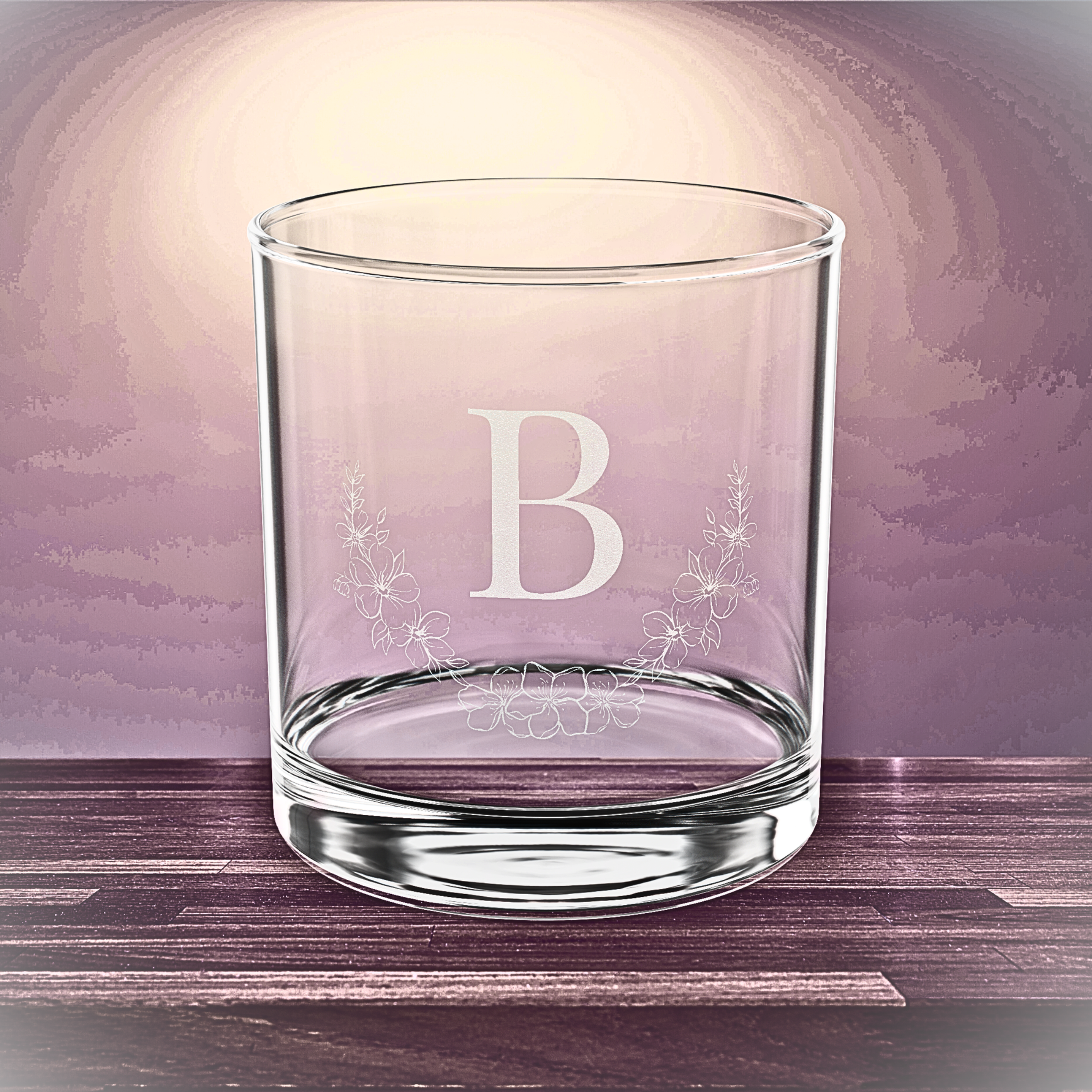 Monogram B Floral Engraved Whiskey Glass | 10.5oz