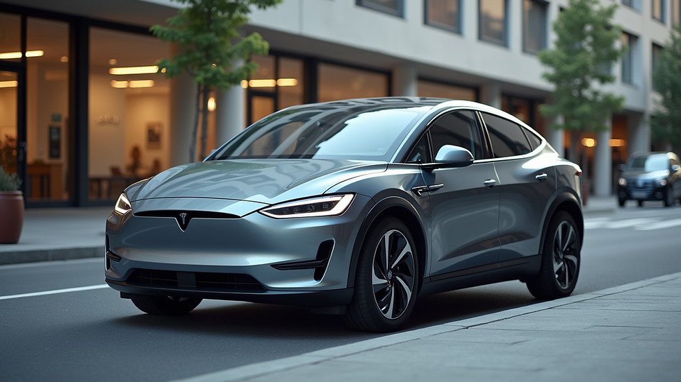 Eye-level view of a modern electric car parked in an urban setting
