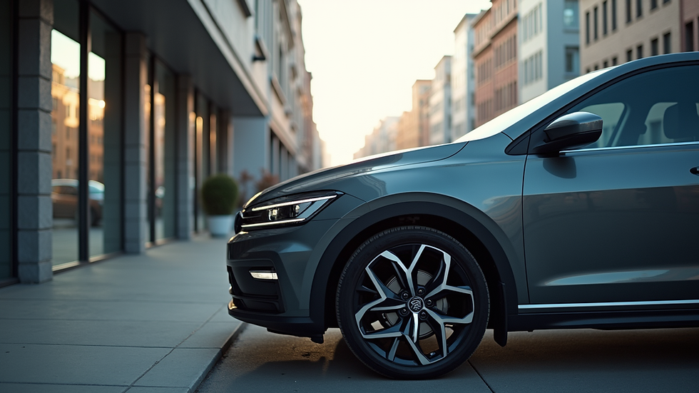 Eye-level view of a modern car parked in an urban environment