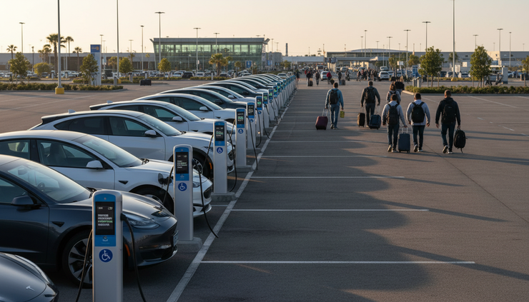 Eye-level view of rental cars lined up beside charging stations at an airport lot