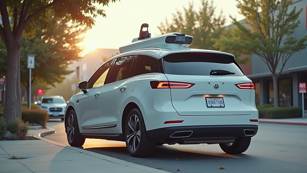 Eye-level view of a Waymo autonomous vehicle parked at an Avis rental location