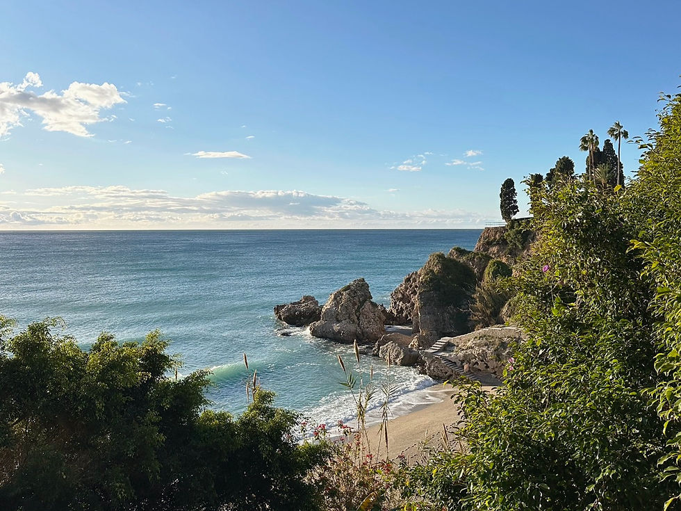 Ylhäältä kuvattu näkymä Playa Carabeillo -rannalle Nerjassa, runsaasti vehreyttä rannan ja kallioiden ympärillä