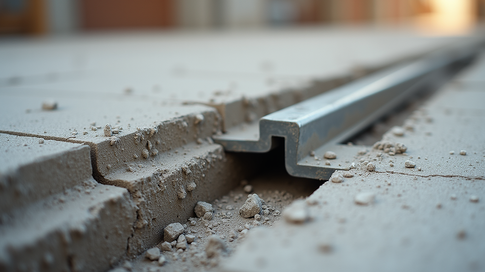 Eye-level view of steel lintel embedded in fresh mortar during repair