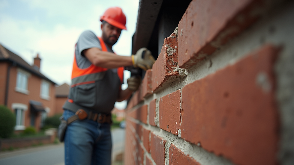Eye-level view of a mason repairing a brick lintel on a residential building