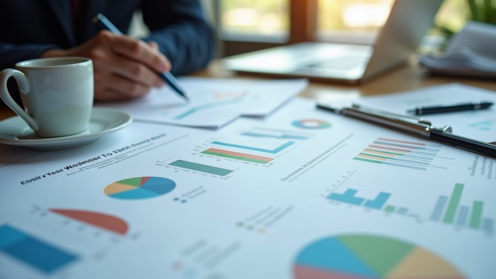 High angle view of a financial planning workspace with charts and documents