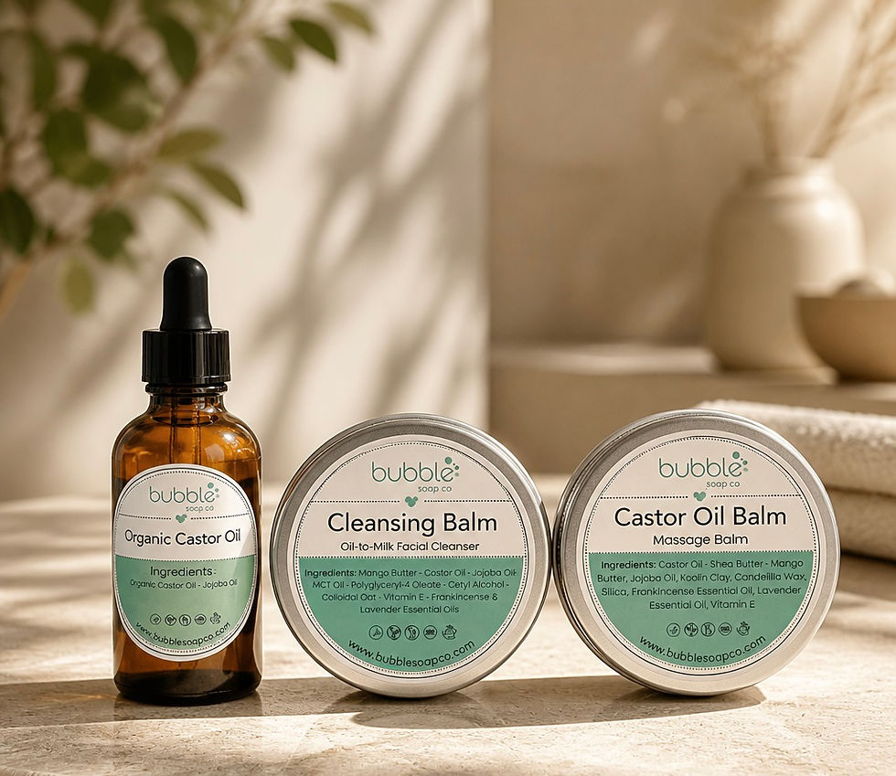 Organic castor oil balm in a natural-toned bathroom setting, creating a simple, calming and minimalist skincare aesthetic.