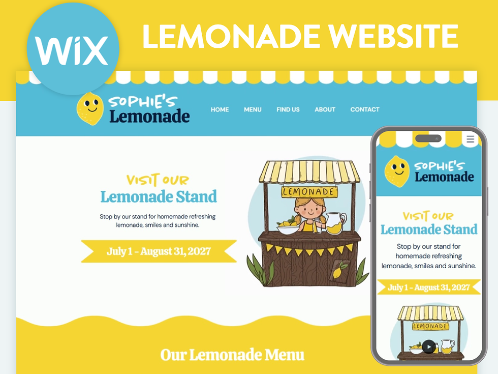 Home page for lemonade stand free wix website template theme in yellow and blue styled with lemons