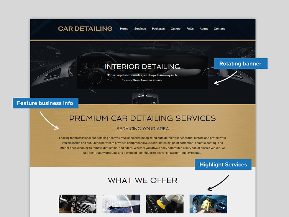 Thumbnail: Home page with rotating banner, feature text and services for Car Detailing free Wix Website template theme