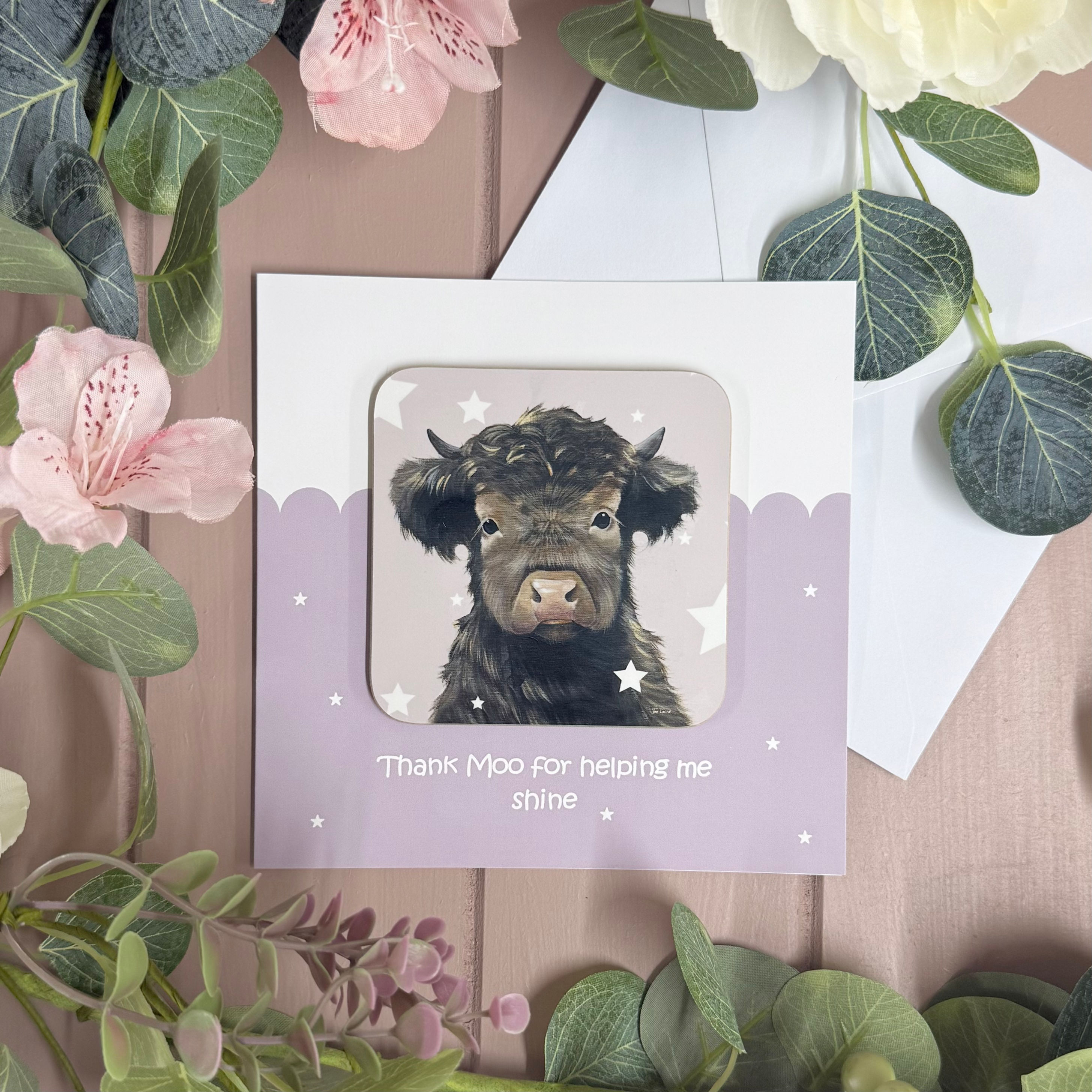 Thank moo for helping me shine - coaster card