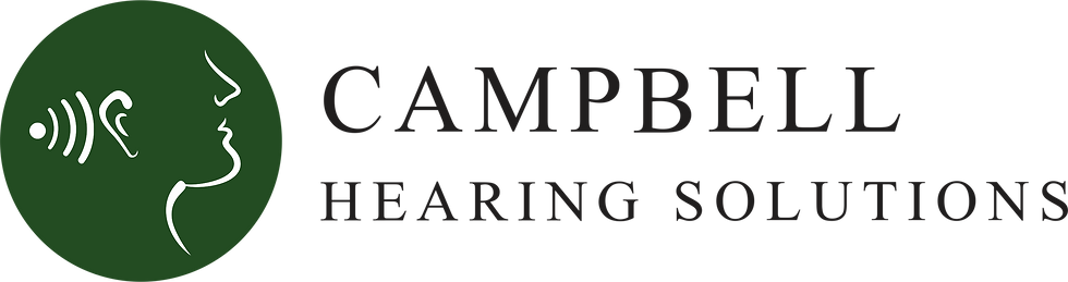 Campbell Hearing Solutions logo: green circle with stylized white profile and ear sound waves on the left, black text CAMPBELL HEARING SOLUTIONS on the right, wide landscape