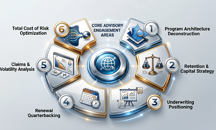 Circular graphic depicting the 6 core areas of services provide, including the following areas: Program Deconstruction, Retention & Capital Strategy, Underwriting Positioning, Renewal Quarterbacking, Claims & Volatility Analysis, and Total Cost of Risk Optimization.