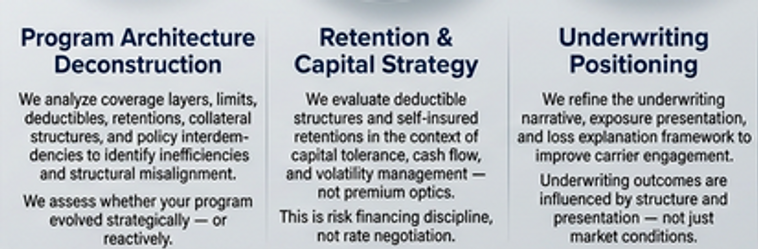 Further details regarding the first 3 areas of core advisory engagement between client and 360 Insurance Consulting, which consist of the following: Program Deconstruction, Retention & Capital Strategy, and Underwriting Positioning.