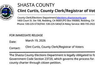 Shasta County Registrar of Voters Issues Press Release Confirming Compliance with State Law on Charter Amendment Petition Requirements