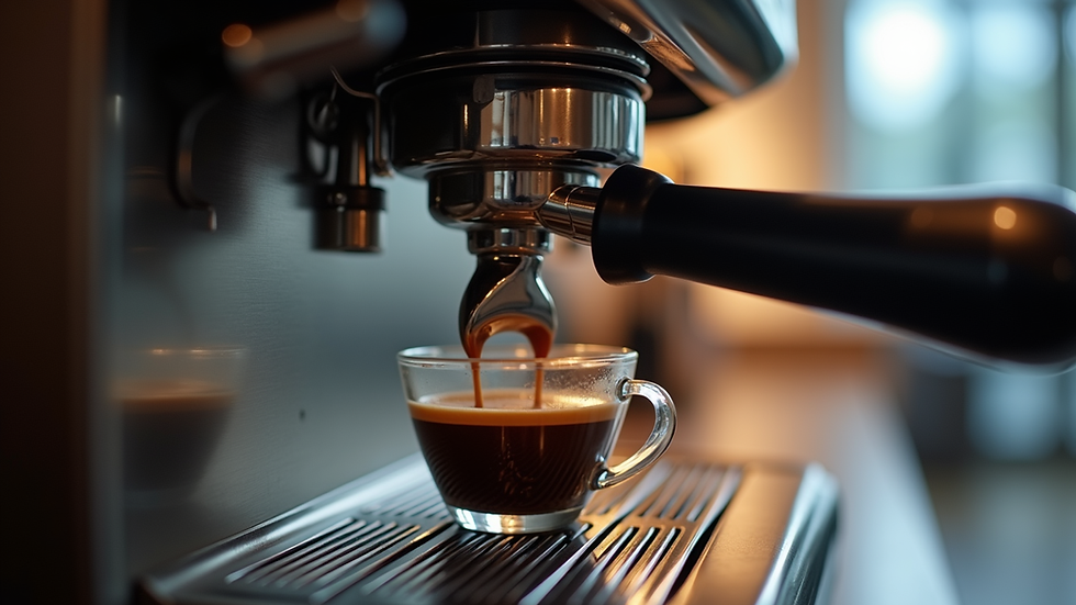 Eye-level view einer modernen Espressomaschine mit dampfendem Kaffee