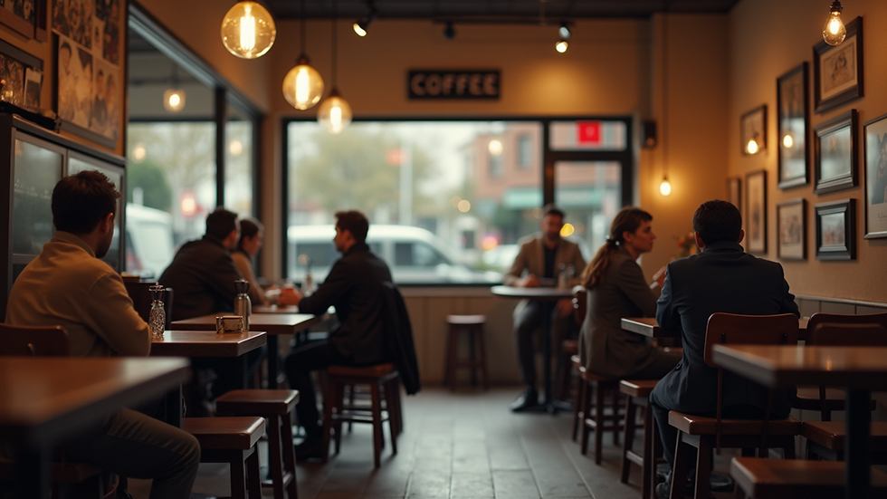 Eye-level view of a cozy coffee shop interior with people engaged in conversation