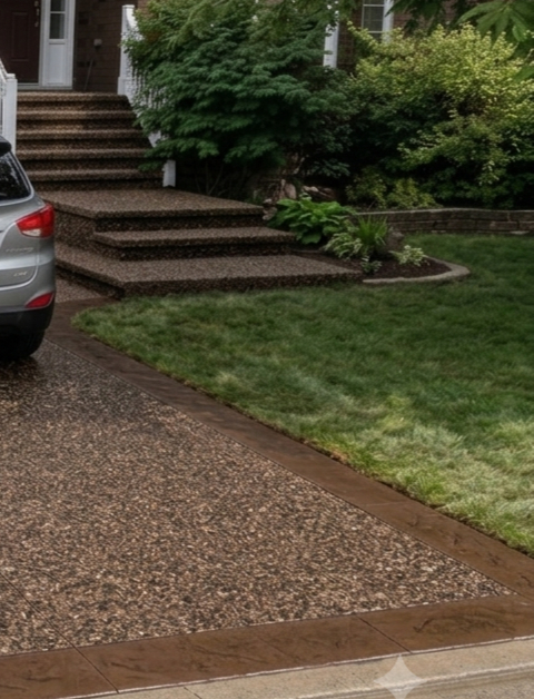 A clean and modern architectural concrete driveway under dramatic evening lighting.