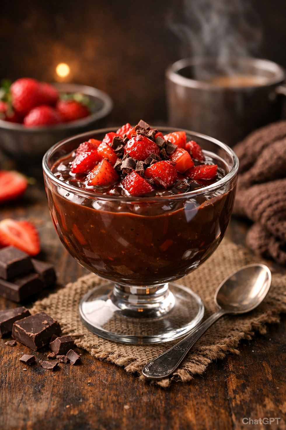 Sobremesa quente de chocolate cremoso com morangos frescos em taça de vidro no inverno.