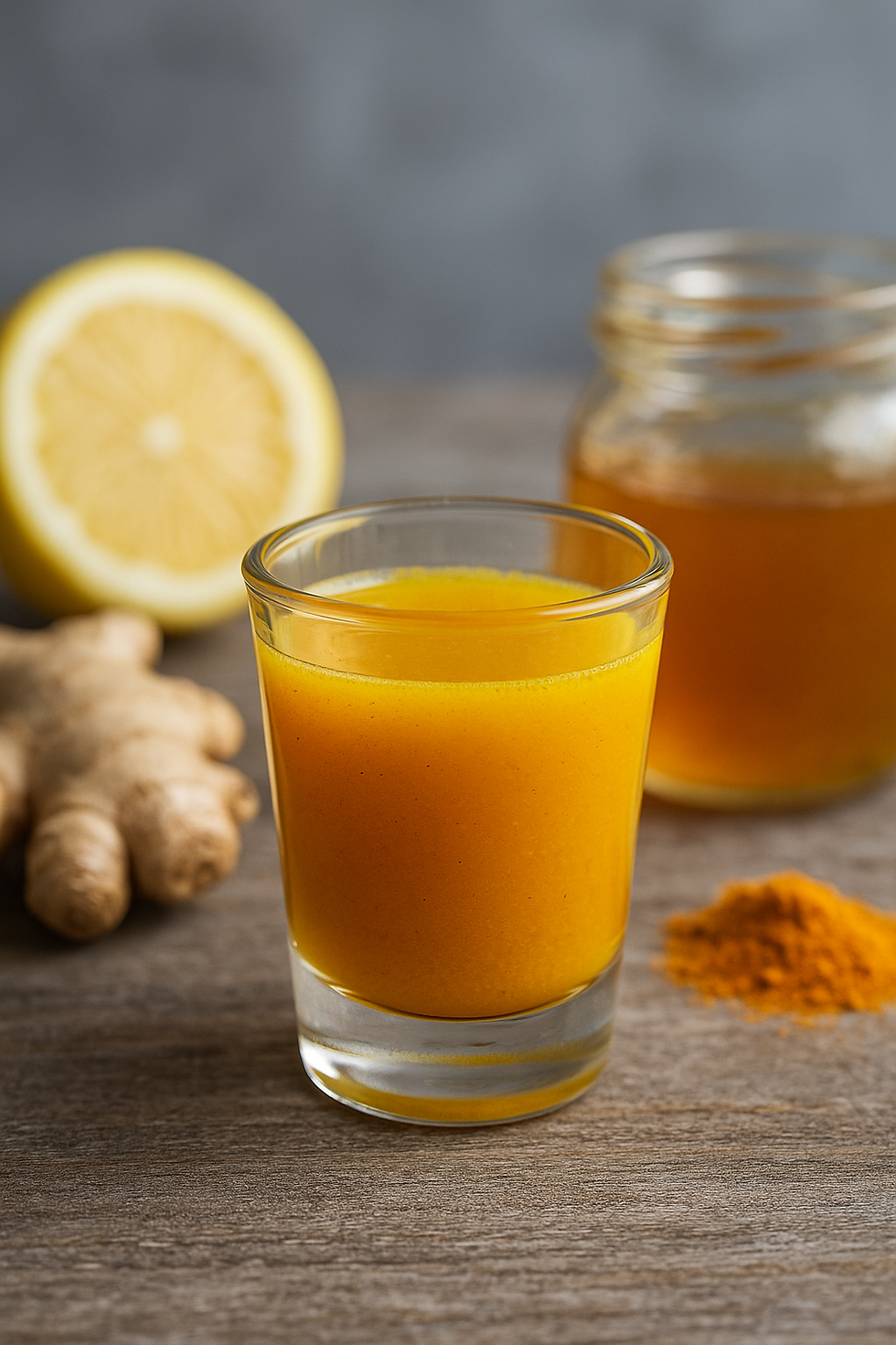 Shot natural de cúrcuma com gengibre, limão e mel sobre mesa rústica