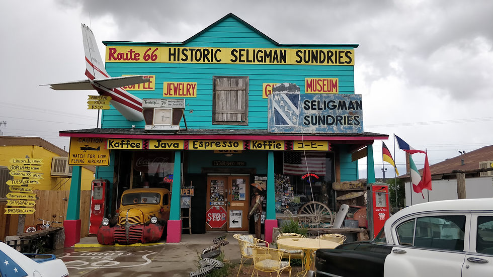 historic seligman sundries, coffee shop, curio store, vintage cars, route 66, historic route 66, seligman, arizona
