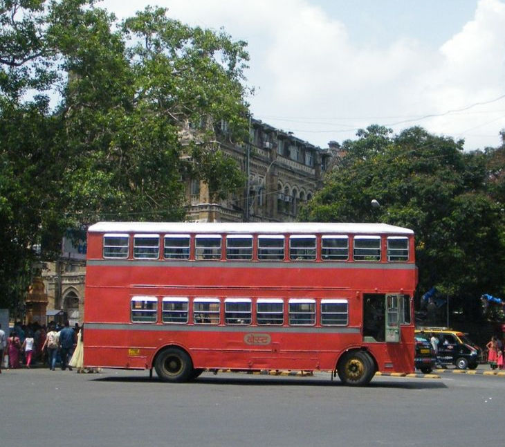 A BEST double-decker bus stationed outside CSMT station