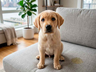 Yellow Labrador puppy sitting apologetically on a light gray fabric sofa in a NYC apartment, next to a small urine stain — illustrating pet urine cleaning challenges on upholstered furniture