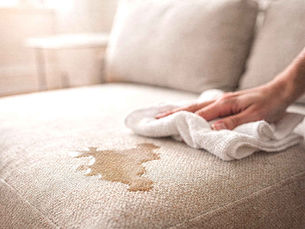 Stain on a beige fabric sofa being blotted with a white cloth — pet stain removal on upholstery, NYC