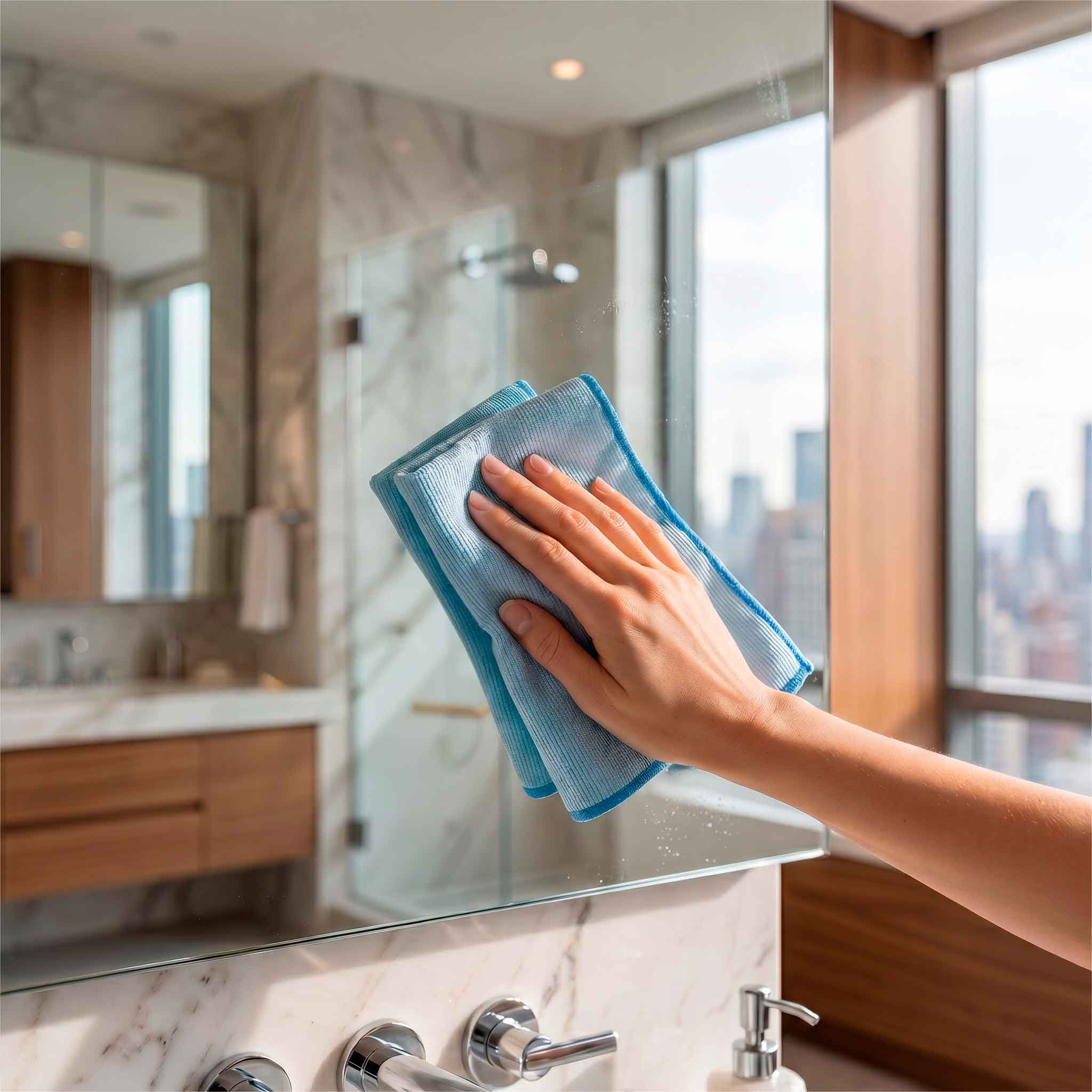 Hand wiping bathroom window with blue microfiber cloth — streak-free cleaning