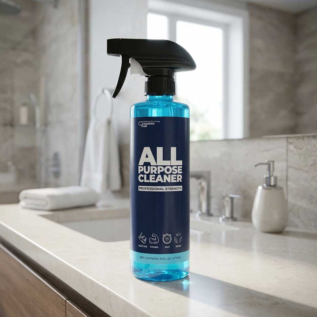 All-Purpose Cleaner spray bottle in bathroom — removes soap scum tiles and fixtures