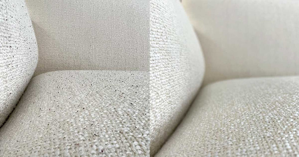 White bouclé sofa seat before and after fabric shaving — dark pilling and lint removed from the looped weave