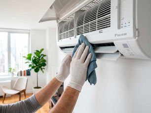 White-gloved hands wiping a wall-mounted Daikin ductless mini-split AC unit in a bright NYC apartment with city view