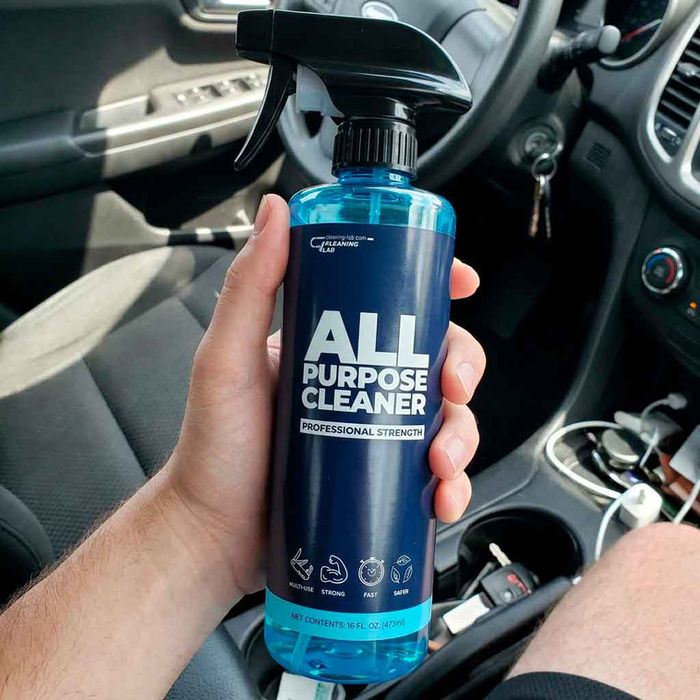 All Purpose Cleaner held in car interior near center console — removes grime from plastic and trim
