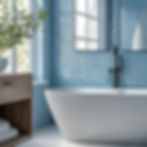 Modern white bathtub, blue herringbone tile wall, wooden vanity, bright window.