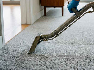 Professional cleaner in white nitrile gloves operating a hot water extraction wand on light gray wall-to-wall carpet in a bright modern New York City apartment