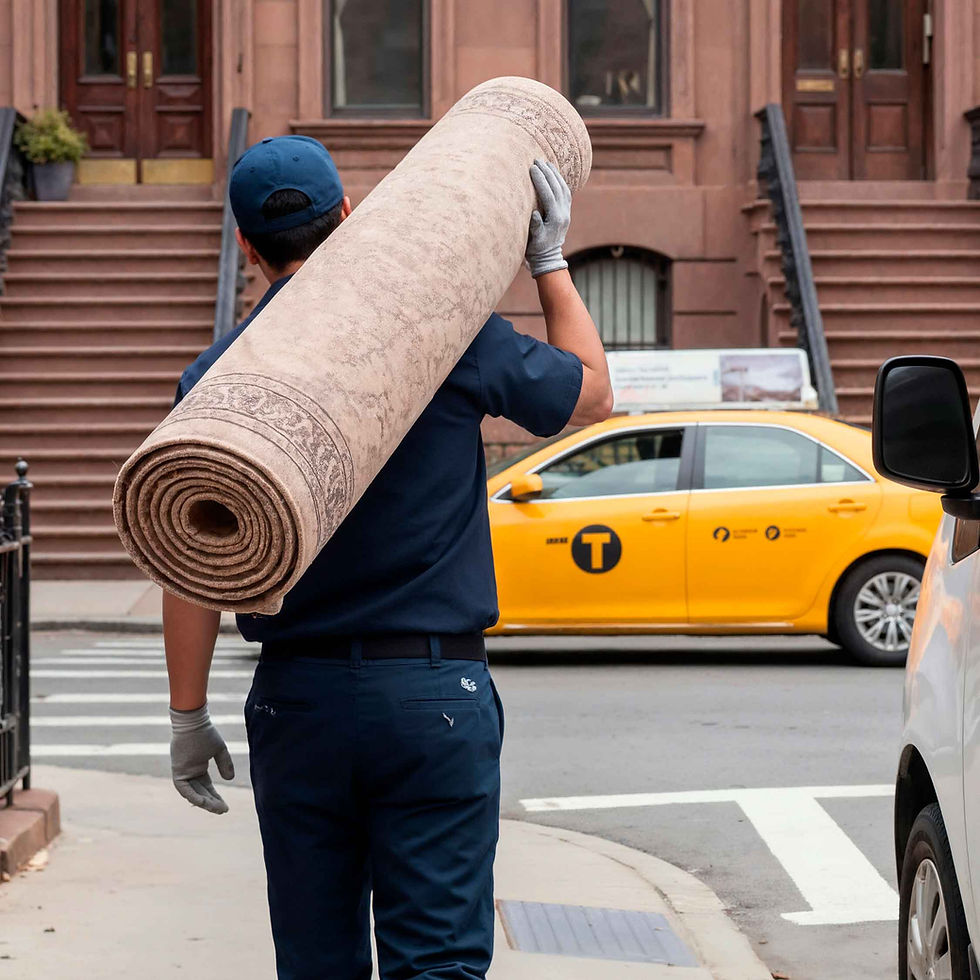Worker carrying rolled rug in NYC