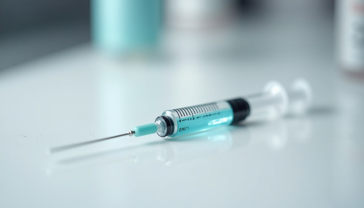 Close-up view of a syringe filled with insulin solution on a white surface