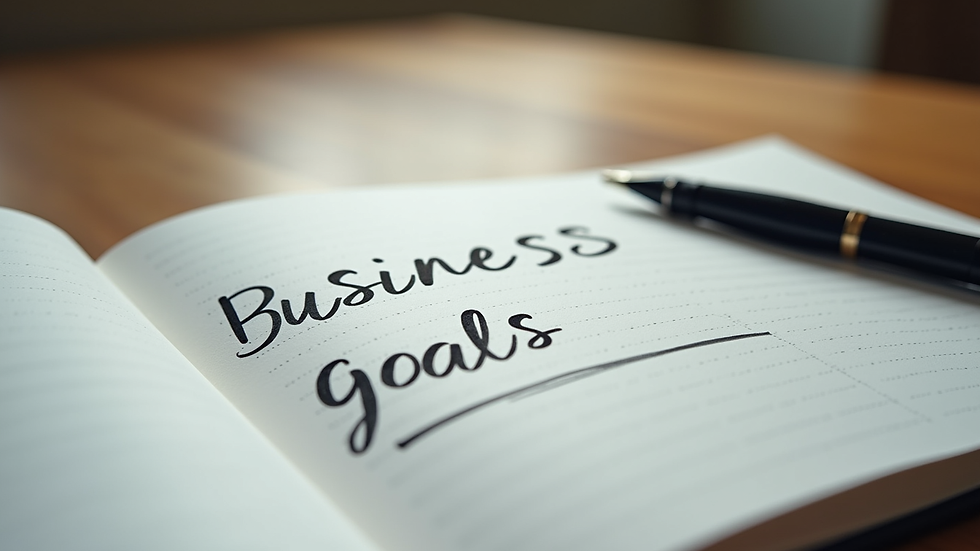 Close-up view of a notebook with business goals and a pen on a wooden table