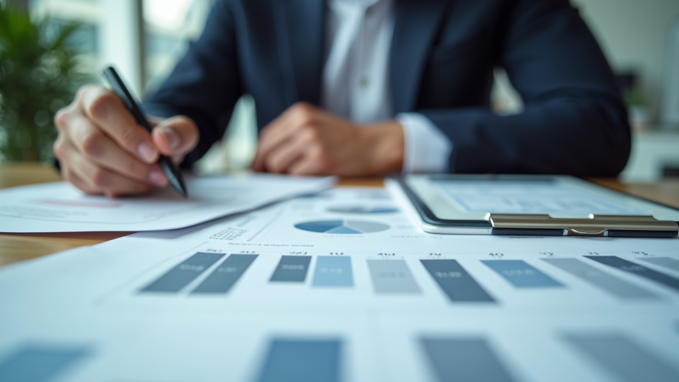 Eye-level view of a business consultant reviewing charts and notes on a desk