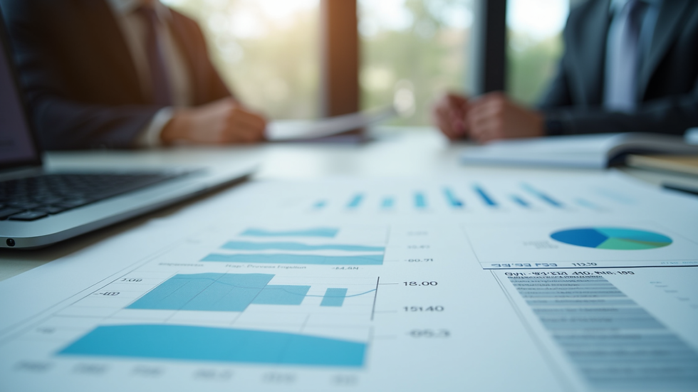 Close-up view of a consultant’s desk with financial reports and a laptop