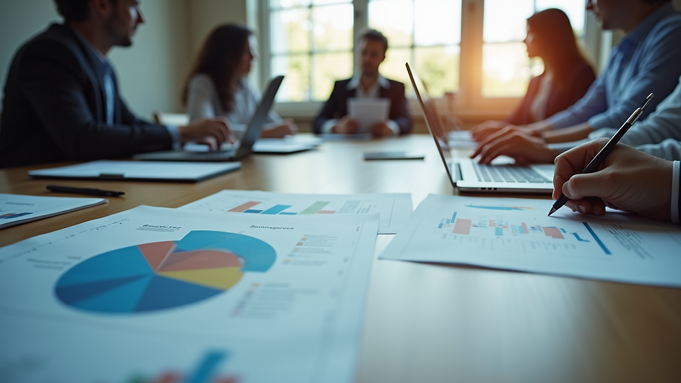 Eye-level view of a business meeting with charts and laptops on the table