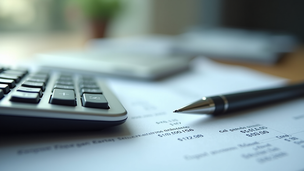 Close-up view of a calculator and a pen on financial paperwork