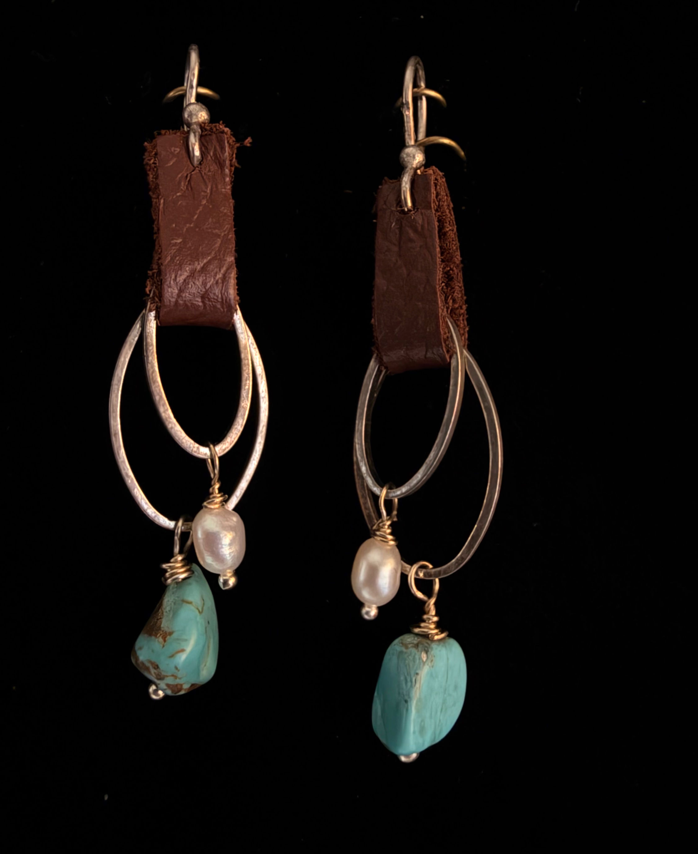 Double Hoop Sterling Silver Pearls and Turquoise Earrings