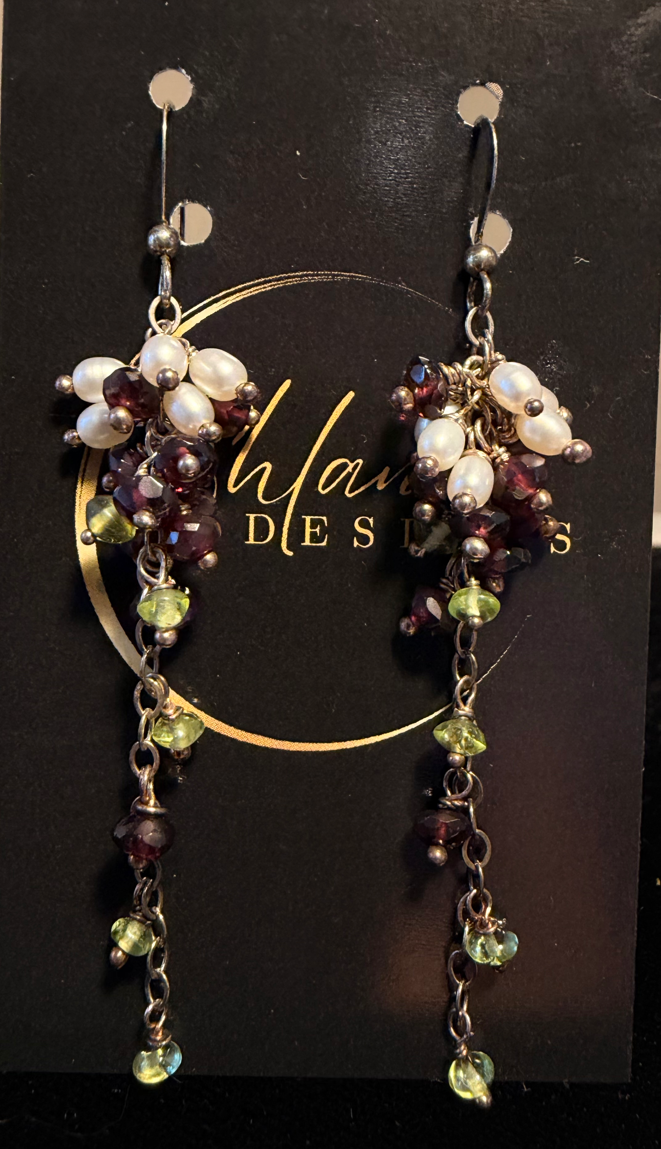 Sterling Silver, freshwater pearls, Garnet & Peridot cluster earrings